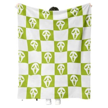 Imagem de Cobertor de rosto assustador de Halloween, padrão xadrez verde e branco, cobertores fantasmas de Halloween, presentes difusos para sofá e quarto (verde e branco, 101,6 cm x 76,2 cm)