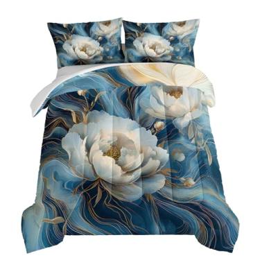 Imagem de HOSIMA Jogo de cama de solteiro floral para decoração de quarto de mulheres, meninas, azul, dourado, mármore e tinta fluida, arte fluida, estampa de flores brancas, edredom leve com 2 fronhas.