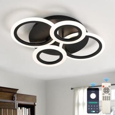 Imagem de Lustre redondo preto moderno regulável, luz de teto com controle remoto, 4 anéis, luminária de teto embutida para quarto, sala de estar, sala de jantar