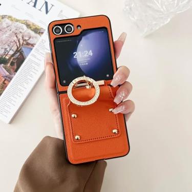 Imagem de Capa para Galaxy Z Flip5 Couro PU Suporte de anel Dobrável Dobradiça Proteção Capa à prova de choque (Para Galaxy Z Flip5/Laranja)