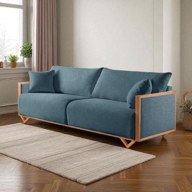 Imagem de Sofá Fixo Lara 3 Lugares Luxo 1,90m Castellar Móbile Linho Azul
