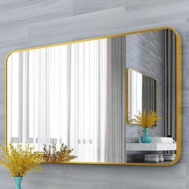 Imagem de LIFOND Espelho de banheiro montado na parede retangular sem furos espelho de parede, espelho decorativo de canto arredondado, espelho de banheiro com moldura de alumínio espelho de decoração de parede