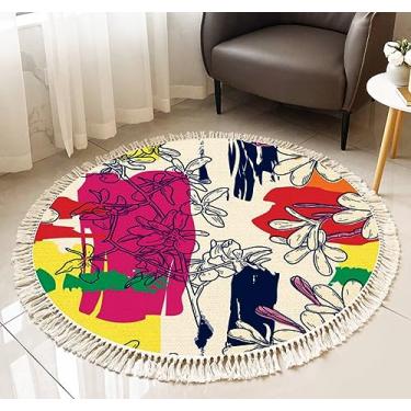 Imagem de Tapete de franja redondo pintado com traços engraçados Frangipani sem costura boho tapete de linho com borlas tecido à mão para pátio corredor tapete de corredor decoração de casa de banho mesa de