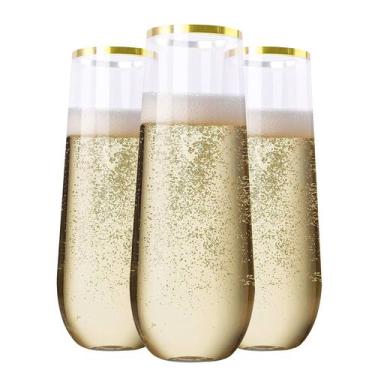 Imagem de Taças de champanhe de plástico sem haste SUT, 9 onças, aro dourado, 24