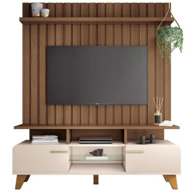 Imagem de Rack Para Sala Émile com Painel Para TV Ripado 60 Pol Conect B01 Off White Castanho - Lyam Decor
