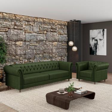 Imagem de Conjunto Sala de Estar 1 Sofá Living 180cm e 1 Poltrona Stanford Chesterfield Pés Madeira Couro Verde Manchado G58 - Gran Belo