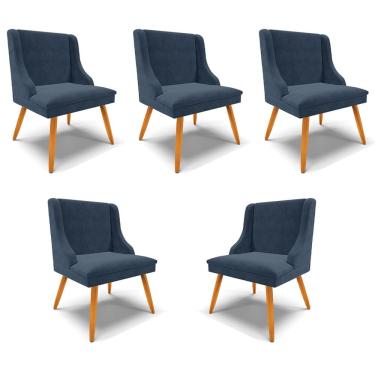 Imagem de Kit 5 Cadeiras Decorativas Sala de Jantar Pés Palito de Madeira Firenze Suede Azul Marinho/Natural G19 - Gran Belo