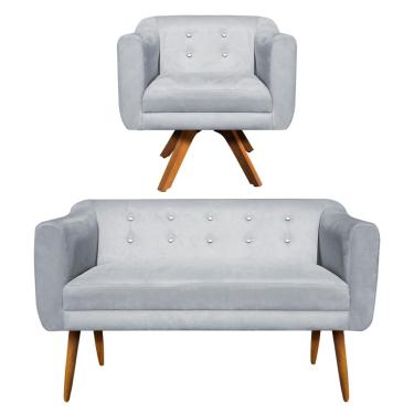 Imagem de Kit 01 Namoradeira 02 Lugares e 01 Poltrona Giratória Julia Suede Cinza com Strass Base Madeira MM30 D'Rossi