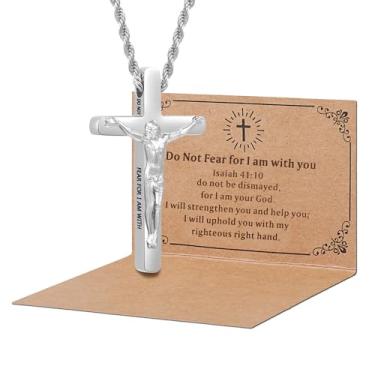 Imagem de DS Colar de cruz cristã para homens e mulheres - colares de crucifixo de aço inoxidável de ouro 18K com versículo bíblico inspirador presente religioso para oração fé Jesus/Deus católico cristão