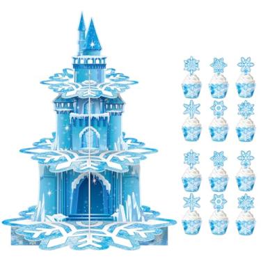 Imagem de Suporte de cupcake com tema de inverno, design de castelo de gelo azul de 3 camadas, com 12 topos de bolo de floco de neve e 12 envoltórios de cupcake, para festa de aniversário de meninas, festa