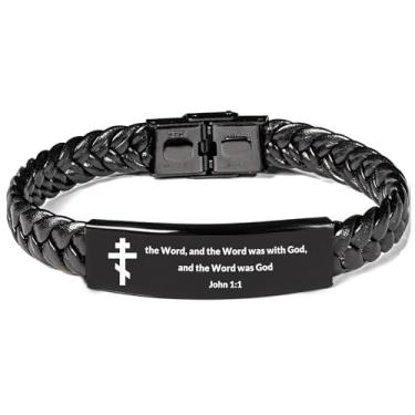 Imagem de DOMYUHAO Pulseira de aço inoxidável cristã com cruz ortodoxa - joia de oração de Jesus gravada personalizada, punho de Páscoa ortodoxo João 1:1 ajustável para presentes de batismo, mosteiro ou filho