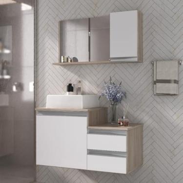 Imagem de Gabinete Banheiro 80cm (gabinete+cuba+espelheira)(Madeirado/Branco)