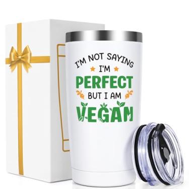 Imagem de Qtencas Presentes veganos, presentes veganos para mulheres, presente vegetariano engraçado para homens, copo de viagem isolado I AM VEGAN 590 ml, presente de aniversário de Natal para vegetarianos