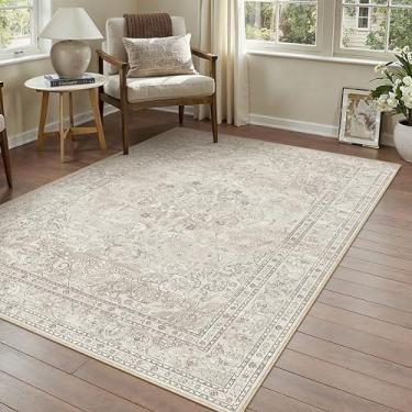 Imagem de PureCozy Tapete de área bege 7,5 x 12,5 cm, lavável, vintage, para entrada, escritório, macio, floral, cozinha, pilha baixa, tapete de porta fino, antiderrapante, medalhão central, tapete para