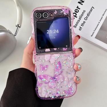 Imagem de UEEBAI Capa Borboleta Ondulada para Samsung Galaxy Z Flip 5/Z Flip 6/Z Flip 7 FE 5G, Linda Estrela Borboleta Linda Brilhante Glitter Capa de Telefone Bling Transparente Capa Encaracolada À Prova de