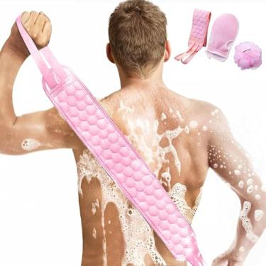 Imagem de 3 peças de esfregão traseiro com alças, luva de banho, buchas de chuveiro de esponja, toalha de banho dupla face para homens e mulheres (rosa)