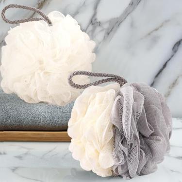 Imagem de Esponja de bucha, bucha de banho, esponja de banho esfoliante, dois painéis de cores, cuidados essenciais para a pele do chuveiro.