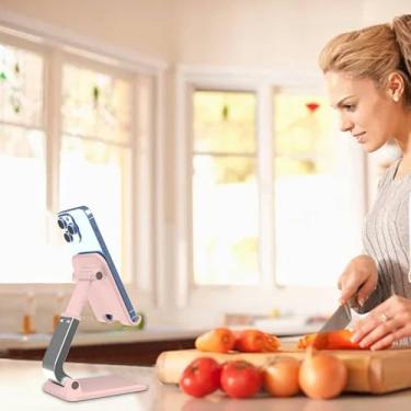 Imagem de Suporte telescópico dobrável ajustável de vários ângulos para mesa, suporte dobrável portátil, visualização para smartphones (rosa claro)
