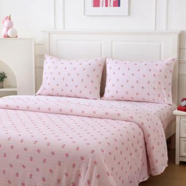 Imagem de MCO Lençóis de cama casal infantil de microfibra macia para meninos e meninas, 4 peças de lençol casal respirável com listras de flores rosa