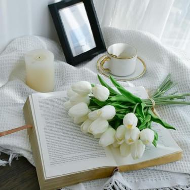 Imagem de 5 peças de flores brancas parcialmente abertas, tulipas artificiais, 33 cm, para Ano Novo, primavera, Dia das Mães, Páscoa, Dia dos Namorados, presentes em massa para decoração de casa e cozinha de
