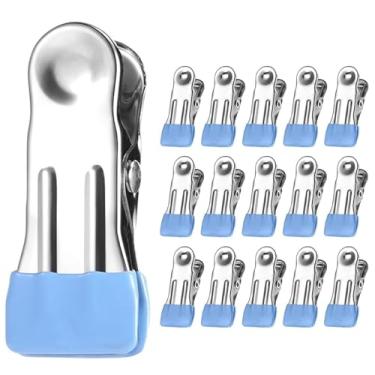 Imagem de Cabides resistentes, pacote com 15, clipes de metal de 5 cm, prendedores de roupa para secagem de fotos, varal de roupa, clipes de saco para alimentos, cozinha, aço inoxidável com borracha, azul