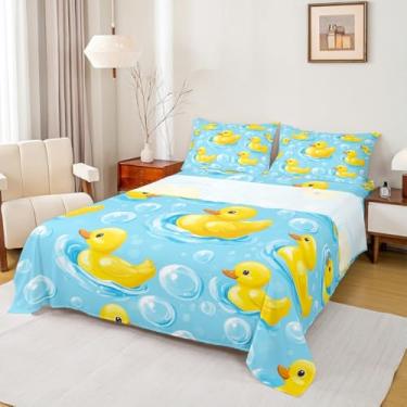 Imagem de Manfei Jogo de cama casal de desenho animado de pato infantil, adorável animal de fazenda, bolha, fofo, decoração de quarto infantil, lençol azul amarelo (com elástico + plano + 2 fronhas)