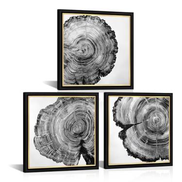 Imagem de AoArtWZ Argolas de árvore abstrata arte de parede em tela preto e branco toco de madeira decoração de parede pintura de árvore de fazenda para sala de estar quarto escritório decoração preto e dourado