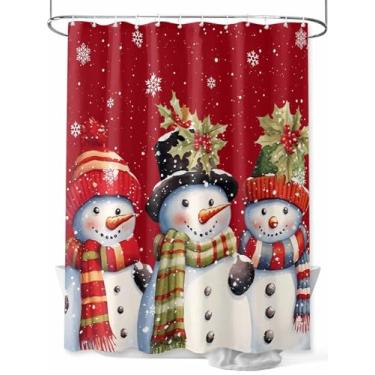 Imagem de Cortina de chuveiro de boneco de neve vermelha de Natal, flocos de neve brancos de inverno, tecido lavável à prova d'água, conjunto de cortinas de banheiro para decoração de banheiro, 182 x 182 cm de