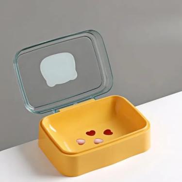 Imagem de Saboneteira de drenagem flip-top, material PP, 4 cores (branco, rosa, amarelo, azul) para banheiro, cozinha, viagens