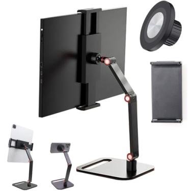 Imagem de Suporte de Mesa para Tablet com Base Giratória 360° em Alumínio Resistente com Pedestal e Braço Articulado Ajustável Dobrável e Retrátil na Vertical Universal para Celular iPhone iPad Monitor
