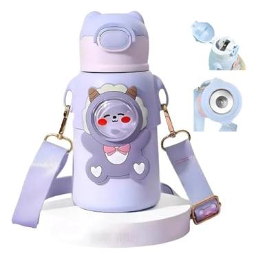 Imagem de Garrafa térmica Infantil de inox, borracha, com canudo e vacuum flask (beer, sheep, fox, crocodile, rabbit) (roxo)