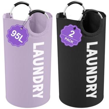 Imagem de IHOMAGIC Conjunto de 2 cestos de lavanderia dobráveis com alças de alumínio, cestos grandes de lavanderia 95L em tecido Oxford 600D, cestos portáteis de roupas sujas para quarto, viagem, preto + roxo