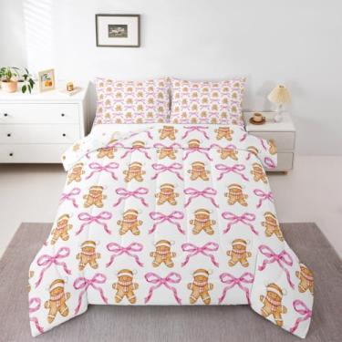 Imagem de Feelyou Conjunto de edredom de Natal, solteiro, Natal, fofo, pão de gengibre, para meninos, meninas, adolescentes, kawaii, rosa, laço, inverno, férias, edredom para decoração de quarto