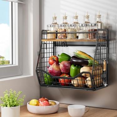 Imagem de Prateleira magnética forte para geladeira 2 em 1 prateleira magnética para temperos para geladeira com topo de madeira, cesta organizadora de geladeira extra larga resistente à ferrugem para