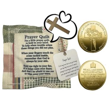 Imagem de Mini colcha de oração feita à mão, com uma cruz dentro, moedas comemorativas com tema bíblico, moedas cristãs, traz força e conforto aos crentes e transmite bênçãos sagradas e paz interior