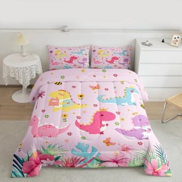 Imagem de Feelyou Conjunto de edredom fofo de dinossauro, solteiro, princesa, dinossauro, para crianças, meninos, meninas, floral, decoração de quarto de animais selvagens, microfibra, 2 peças com 1 fronha