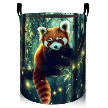 Imagem de Cesto de lavanderia com panda vermelho encantado na floresta, 50 x 40 cm, roupas sujas dobráveis à prova d'água, fofo, animal, cesto de roupa suja, organizador de brinquedos para dormitório, berçário