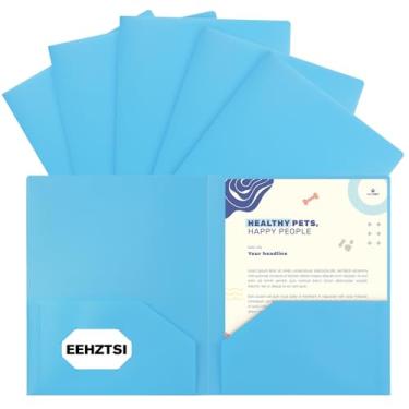 Imagem de EEHZTSI Pacote com 6 pastas de plástico com bolsos, pastas pastel de 2 bolsos para papel tamanho carta dos EUA para escola/escritório/casa, azul