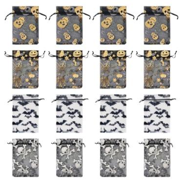 Imagem de Magibeads 40 unidades de bolsas de organza de Halloween 15 x 10 cm, bolsa com cordão, retangular, impressa, 4 estilos, morcego, caveira, aranha, contas, berloques, pacote de joias, armazenamento de