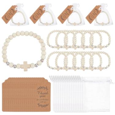 Imagem de GOMAKERER 24 conjuntos de pulseiras de rosário de madeira, rosário de madeira branca com pingente de cruz, pulseiras de rosário com etiquetas de presente e sacos de organza para festa de batismo, chá