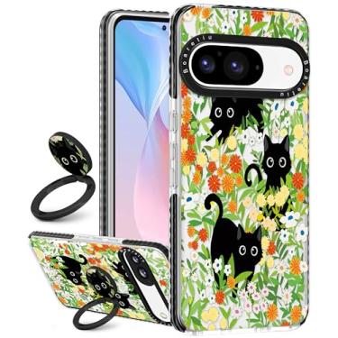 Imagem de Boaretiu Capa fofa Kawaii para Google Pixel 9/9Pro com suporte - Design de suporte de anel giratório adesivo de 360° moderno para mulheres meninas femininas para Google Pixel 9/9Pro, flor de gato