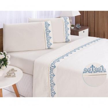 Imagem de Jogo Lençol Atenas Quarto Casal Queen Bordado 4 Peças 2fronha Cor:palha Com Azul