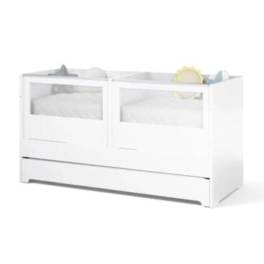 Imagem de Berço Duplo para Gêmeos Sol e Mar Divicar em MDF com Cama Auxiliar, Sistema Antirrefluxo Pneumático, 2 Regulagens de Altura e Acabamento Laqueado UV Branco Transformável em Bicama