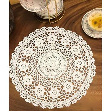 Imagem de Tapetes de mesa Janef bege branco feito à mão de crochê de algodão com renda Doilies de renda redonda 30,48 cm 2 peças, Branco, 12", 2
