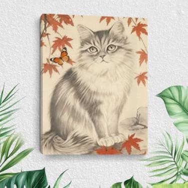 Imagem de Arte de parede em tela de gato fofo, pinturas de arte emolduradas a tinta, decoração de parede, imagens de folhas de bordo e amantes de gatos para sala de estar, sala de jantar, decoração de casa para