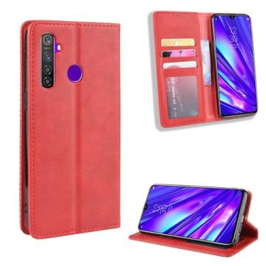 Imagem de Capa para OPPO Realme 5 Pro,Retro Flip magnético,Caso de telefone de couro PU,Design de carteira com 3 slots de cartão e 1 clipe de dinheiro -Red