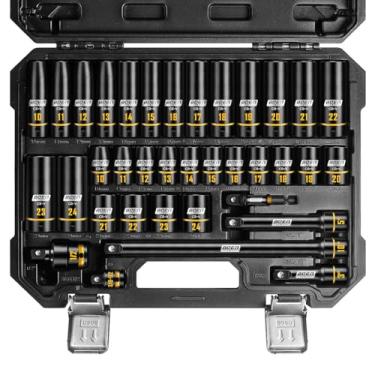 Imagem de BOEN Conjunto de soquete de impacto de 1/5.1 cm, soquete padrão e métrico de 36 peças (10-24 mm) com marcações preenchidas com tinta, inclui extensões e junta universal