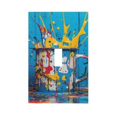 Imagem de LuHuoLu Placa decorativa para interruptor de luz, respingos de tinta colorida, prancha de madeira azul, placa de parede para 1 grupo, placa de parede com botão único, grande, placa de interruptor