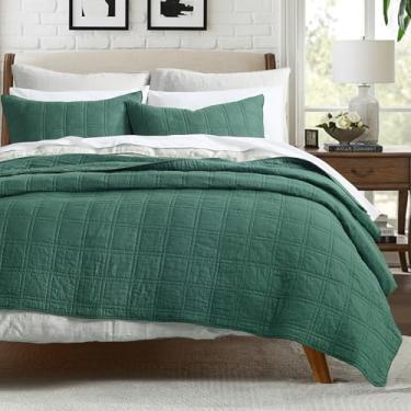 Imagem de HORIMOTE HOME Conjunto de colcha 100% algodão, tamanho Queen, conjunto de colchas pré-lavadas verde-escuro em padrão geométrico, capa de cama decorativa aconchegante e leve com 2 fronhas para todas as