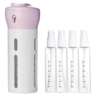 Imagem de Dispenser de Viagem 4 em 1, Kit Organizador para Shampoo e Líquidos, Material ABS, Cinza e Fúcsia, com 4 Frascos Internos à Prova de Vazamento